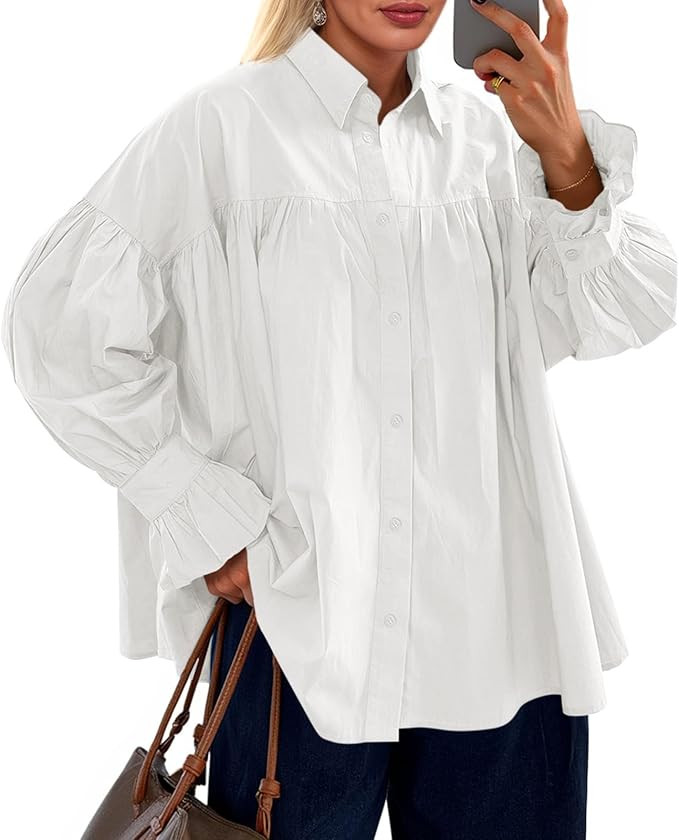 Cicy Bell Womens Oversized Button Down Shirts Long Ruffle Sleeve Pleated Babydoll Blouses Trendy ... | Amazon (US)