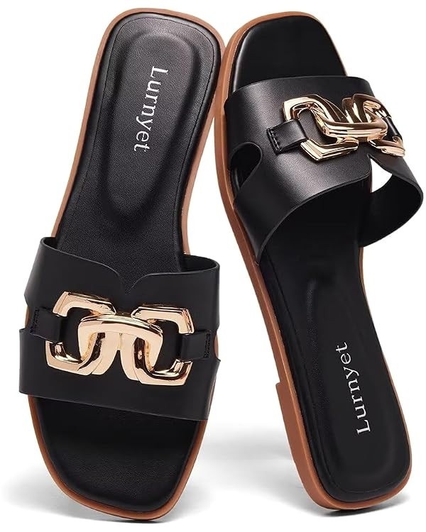 Women's Flat Slide Sandals Dressy Square Open Toe Slip On Sandals for Summer Beach | Amazon (US)