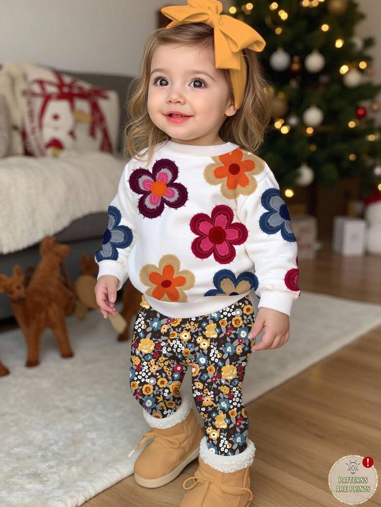 Emery Rose Kids Emery Rose Kids Happikins 2pcs Baby Girl Floral Outfit,Cute Textured Crew Neck Sw... | SHEIN