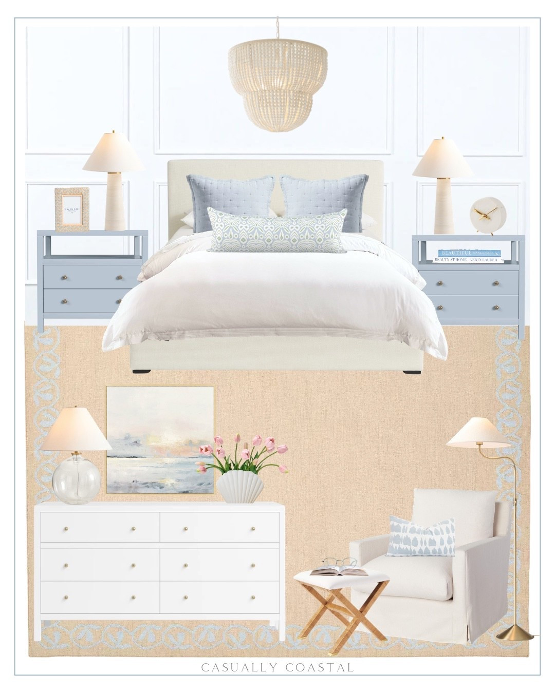 Coastal Primary Bedroom 

Coastal home, primary bedroom, neutral bedroom, coastal rug, bedroom rug, coastal bed, coastal bedding, coastal lamp, coastal nightstand, blue nightstand, coastal wall art, coastal artwork, coastal floor lamp, coastal pillow cover, 2 drawer nightstand, pottery barn bed, organic percale duvet cover, feather filled swivel chair, accent chair, rattan table lamp, Serena & lily rug, coastal blue rug, sky pillow cover, wood bead 2 tier chandelier, rattan X-base stool, chevron rattan photo frame, coastal photo frame, marble clock, scallop marble dish, 6 drawer dresser, artificial tulips, white ceramic vase, shell shaped vase, recycled glass ball lamp, floor lamp, coastal book, decor book, pastel sunset framed canvas, Etsy pillow covers, lumbar pillow cover, synthetic down pillow insert, feather down throw pillow insert 

#LTKHome