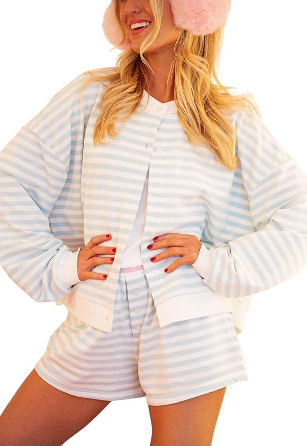 UAURORAO Women Striped Shorts Set Long Sleeve Button Down Cardigan Wide Leg Boxers 2 Piece Matchi... | Amazon (US)