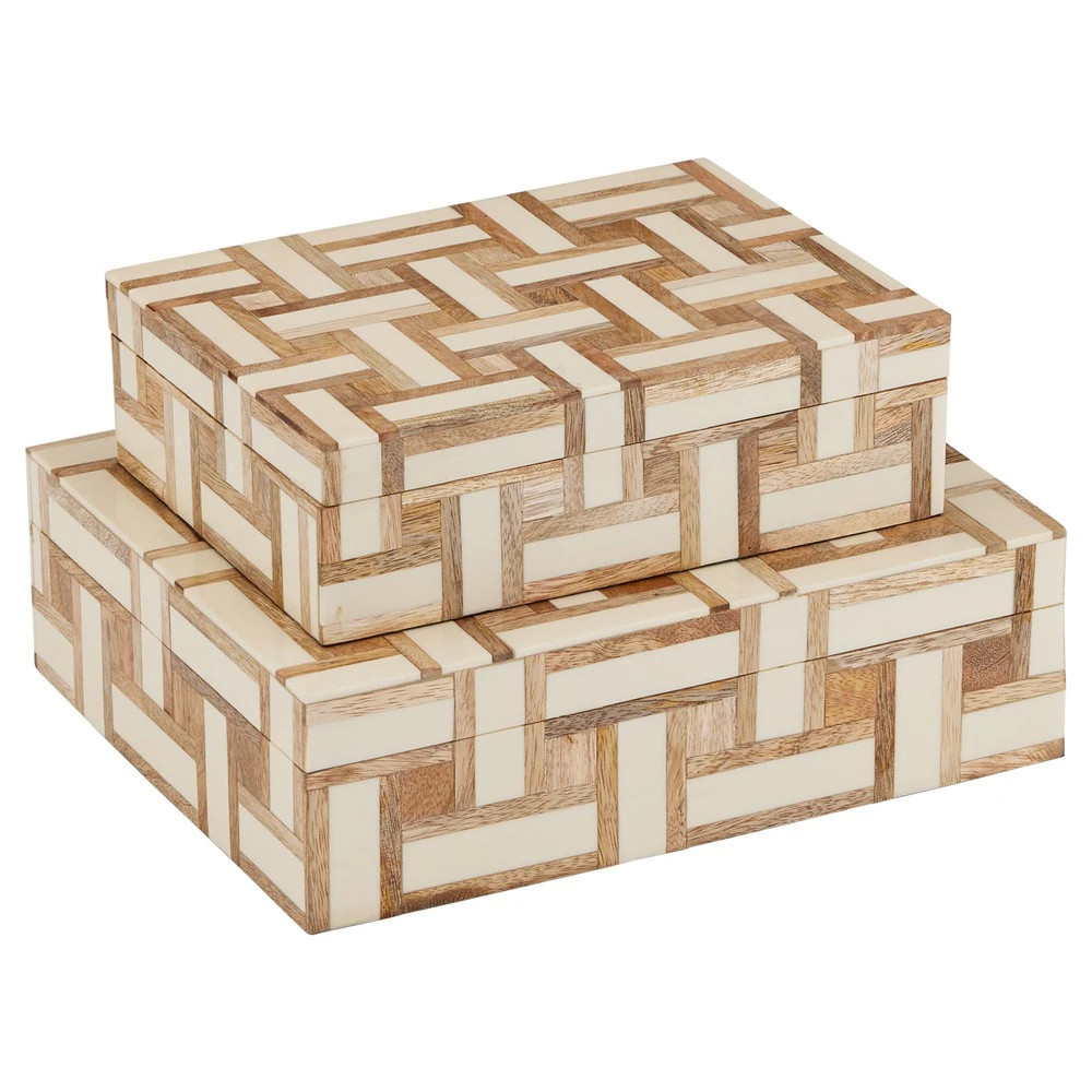 Arden Modern Beige Wood Geometric Decorative Box - Set of 2 | Kathy Kuo Home