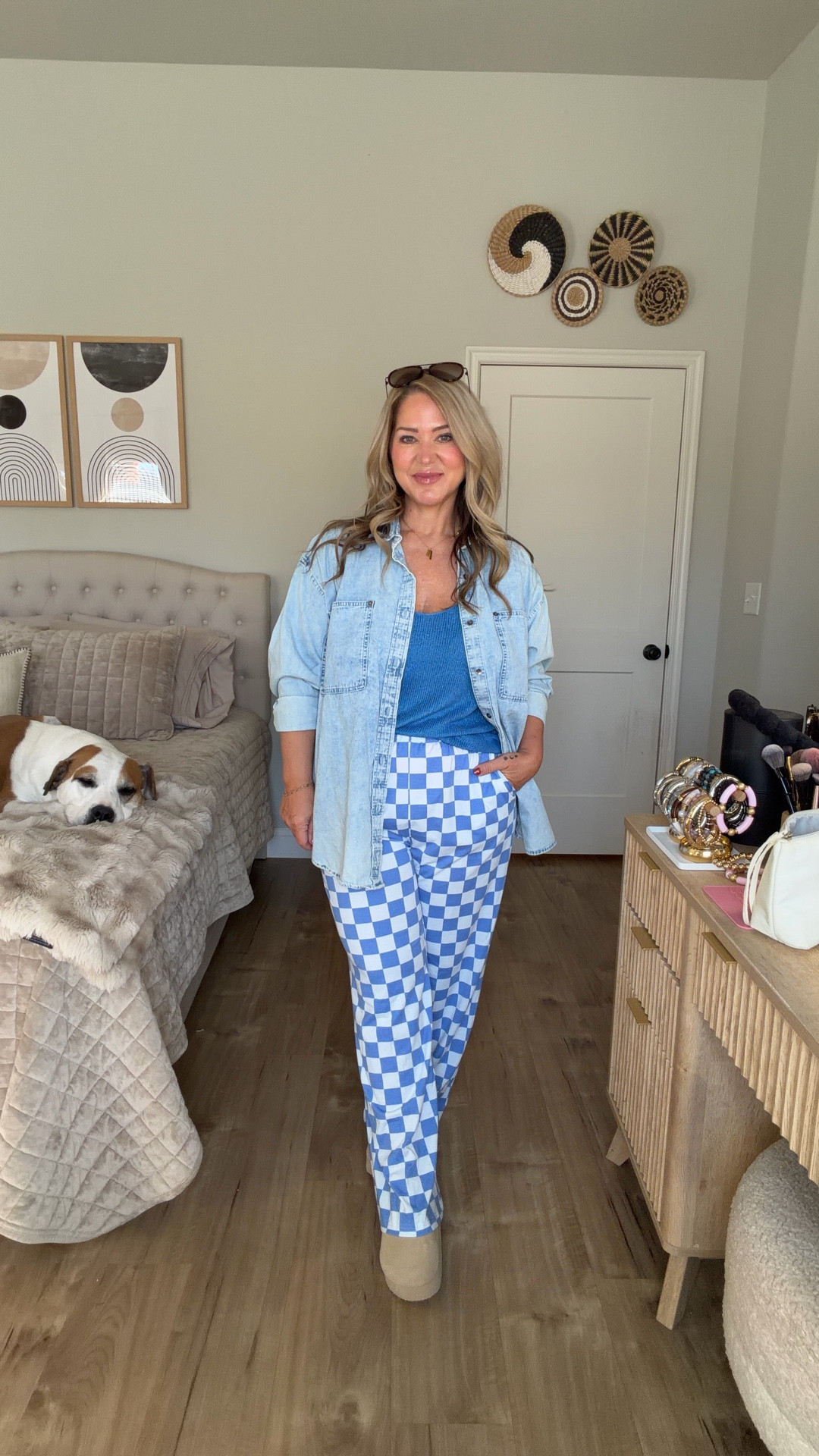 Size large in everything. Could do a medium in the blue top  

#LTKPetite #LTKMidsize #LTKOver40