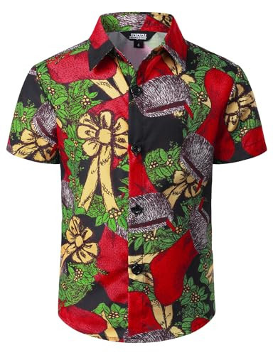 JOGAL Boy's Christmas Shirt Santa Claus Party Casual Short Sleeve Hawaiian Shirts Red Black 14 | Amazon (US)
