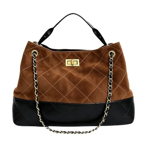 Quilted Two-Tone ToteBag For Women Faux Soft Leather Suede Purse Trendy Vintage Casual Shoulder Handbag With Chain Strap (Coffee) | Amazon (US)