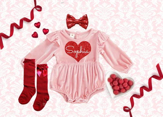 Valentine's day velvet girl Outfit, Monogrammed romper, Valentine baby girl outfit, Personalized ... | Etsy (US)