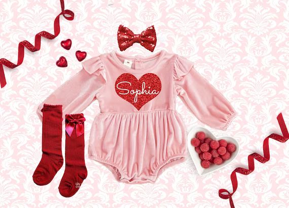 Valentine's day velvet girl Outfit, Monogrammed romper, Valentine baby girl outfit, Personalized ... | Etsy (US)