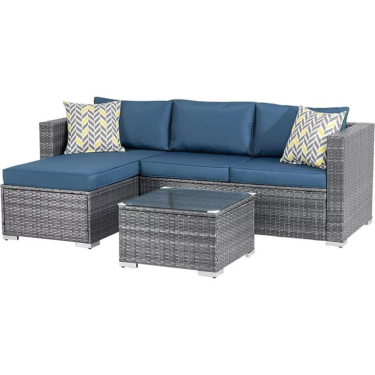 Walsunny 3 Piece Aegean Blue Outdoor Furniture Sectional Sofa Patio Set Silver Gray Rattan Wicker | Walmart (US)