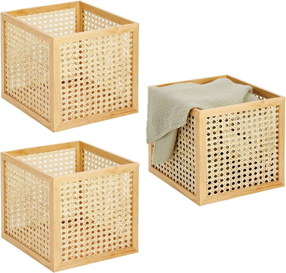 mDesign Wooden Square Bin, Natural Cane Organizer Storage Bin Box for Kitchen Storage, Pantry She... | Amazon (US)