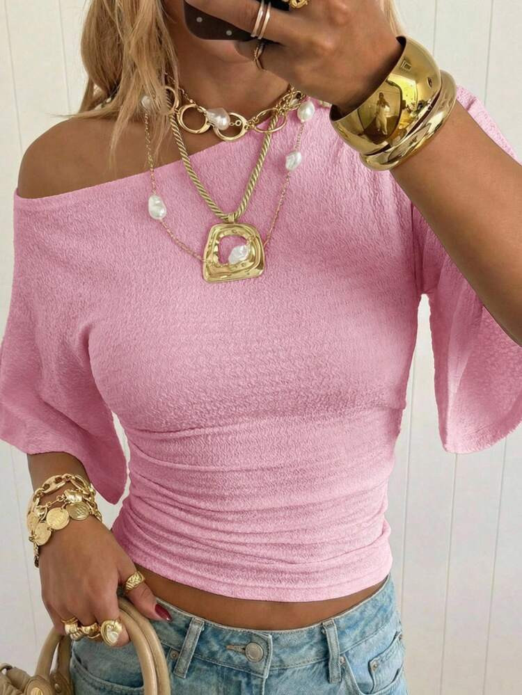 SHEIN EZwear Women's Light Pink Textured Knit Asymmetric Neck Fitted T-Shirt | SHEIN