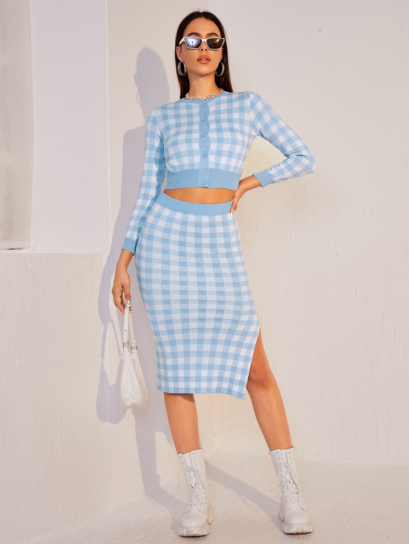 SHEIN Gingham Button Front Cardigan & Knit Skirt Set | SHEIN