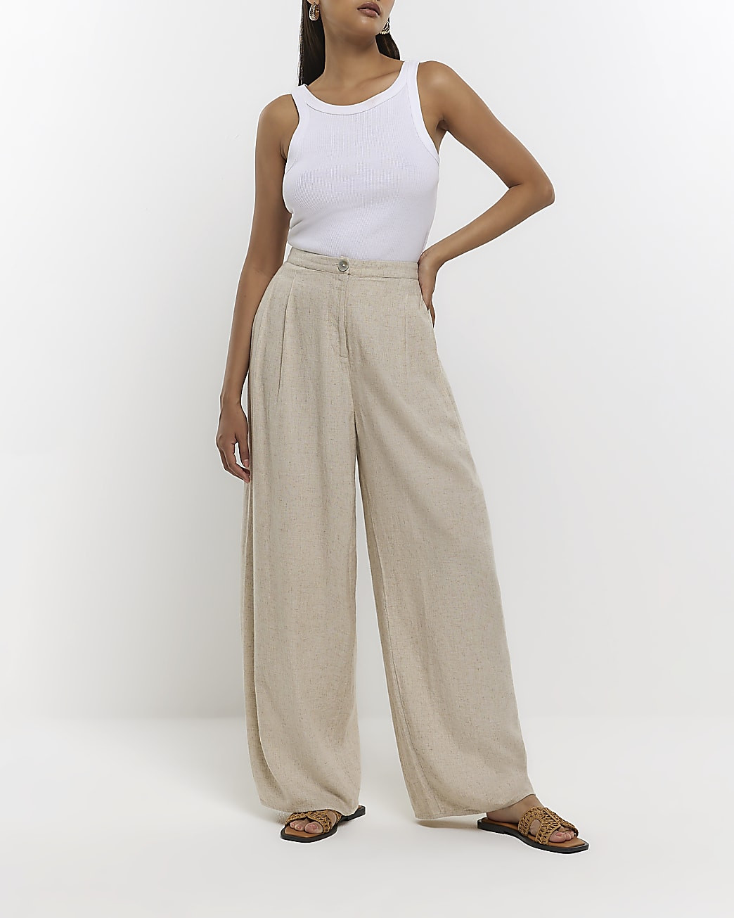 Stone pleated wide leg trousers with linen | River Island (UK & IE)