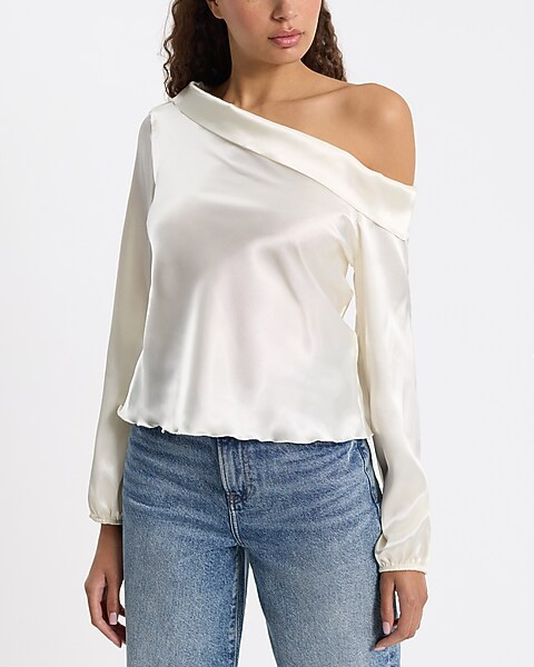 Satin Off The Shoulder Long Sleeve Top | Express