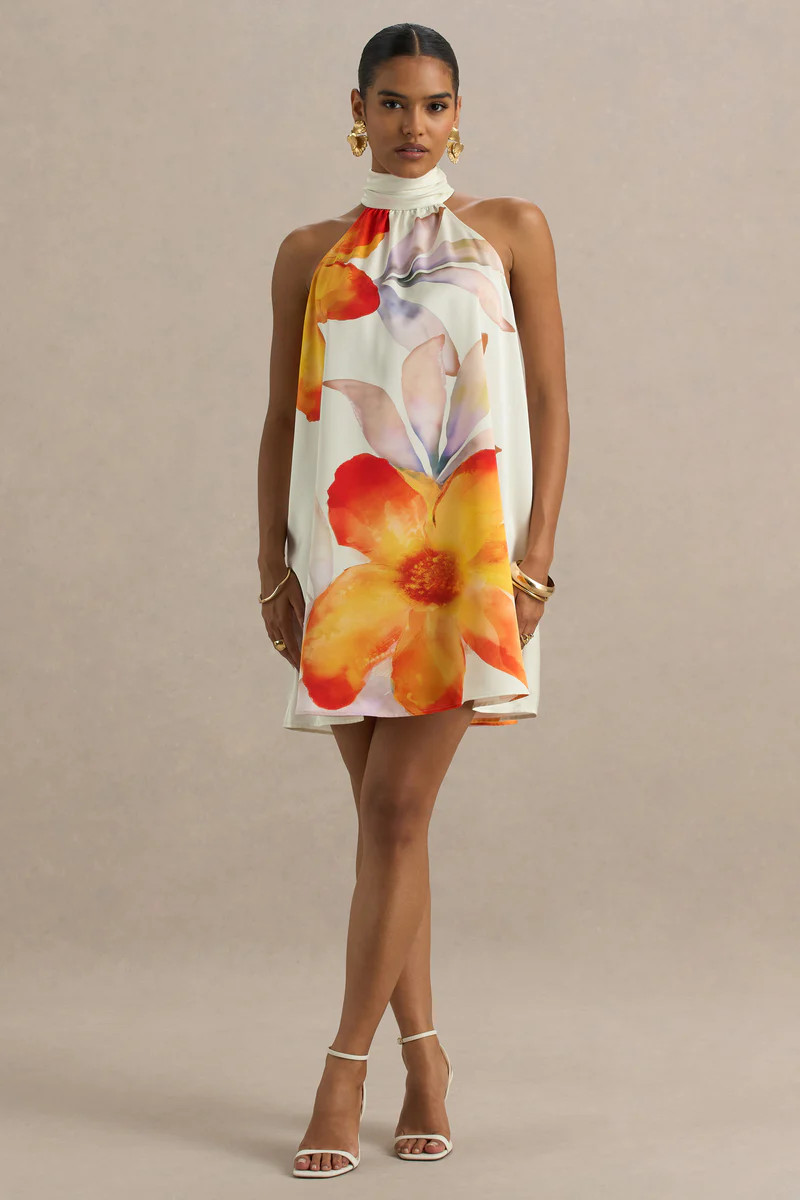 Evita  Orange Floral High-Neck Satin Mini Dress | Club L London