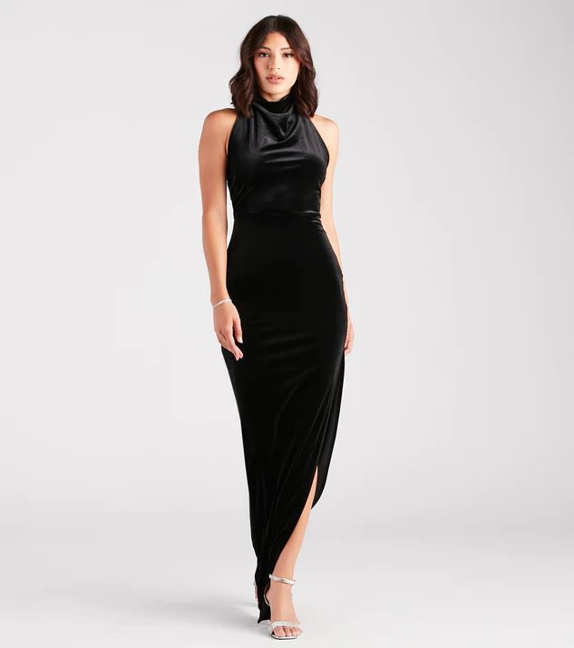 Mildred Formal Velvet Halter Slit Long Dress | Windsor Stores
