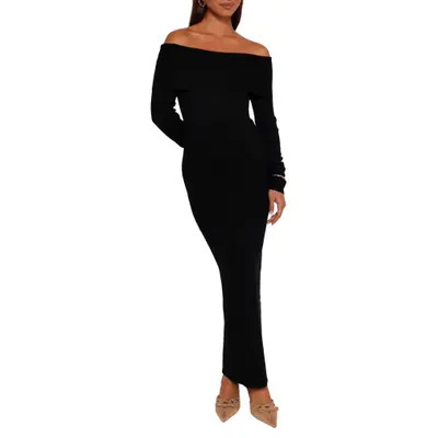 Petal & Pup Archie Off the Shoulder Long Sleeve Rib Maxi Sweater Dress in Black at Nordstrom, Size Large | Nordstrom