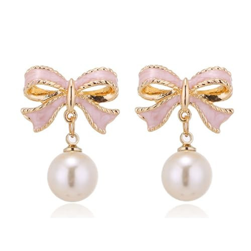 Pearl Bow Earrings for Women Cute Bow Pearl Earrings Dainty Bowknot Ribbon Earrings Fashion Christmas New Yearl Jewelry (Pink) | Amazon (US)