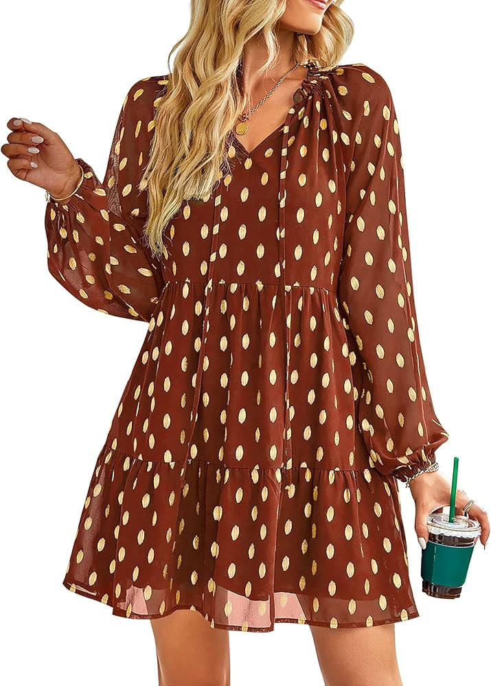 KIRUNDO Women's 2024 Fall Long Sleeve Gold Polka Dot Cute Babydoll Dress Casual V Neck Loose Tier... | Amazon (US)