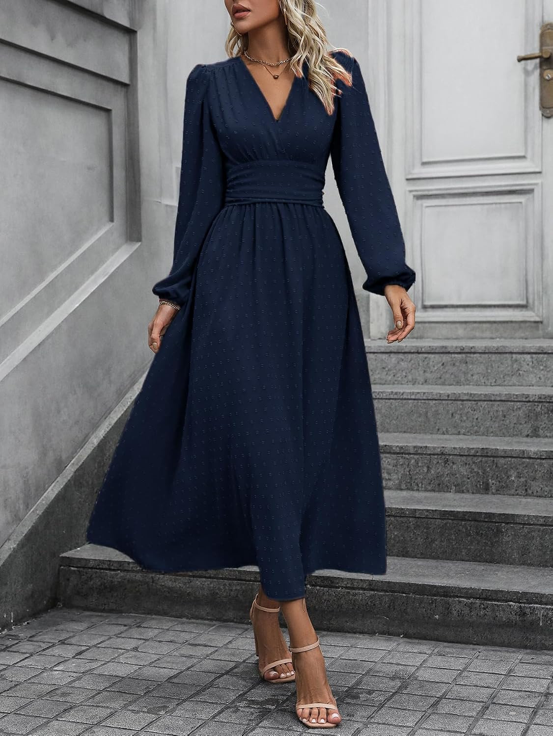 Mettclasi Women's Spring Fall Swiss Dot V-Neck Midi Dress Casual Puff Long Lantern Sleeve A-Line Flowy Wedding Guest Dress | Amazon (US)