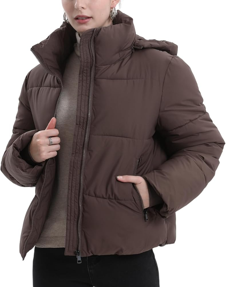 Chaqueta acolchada recortada para mujer, chaqueta de invierno cálida con capucha extraíble, bol... | Amazon (US)