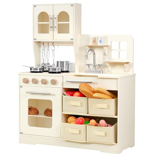 PHGLL Play Kitchen for Kids Wooden Toy Playset with Storage System, Chef Pretend Play Set with Oven, Utensils, Cupboard, Sink, Clicking Knobs, Toddler Kitchen Play for Ages 3+ | Amazon (US)
