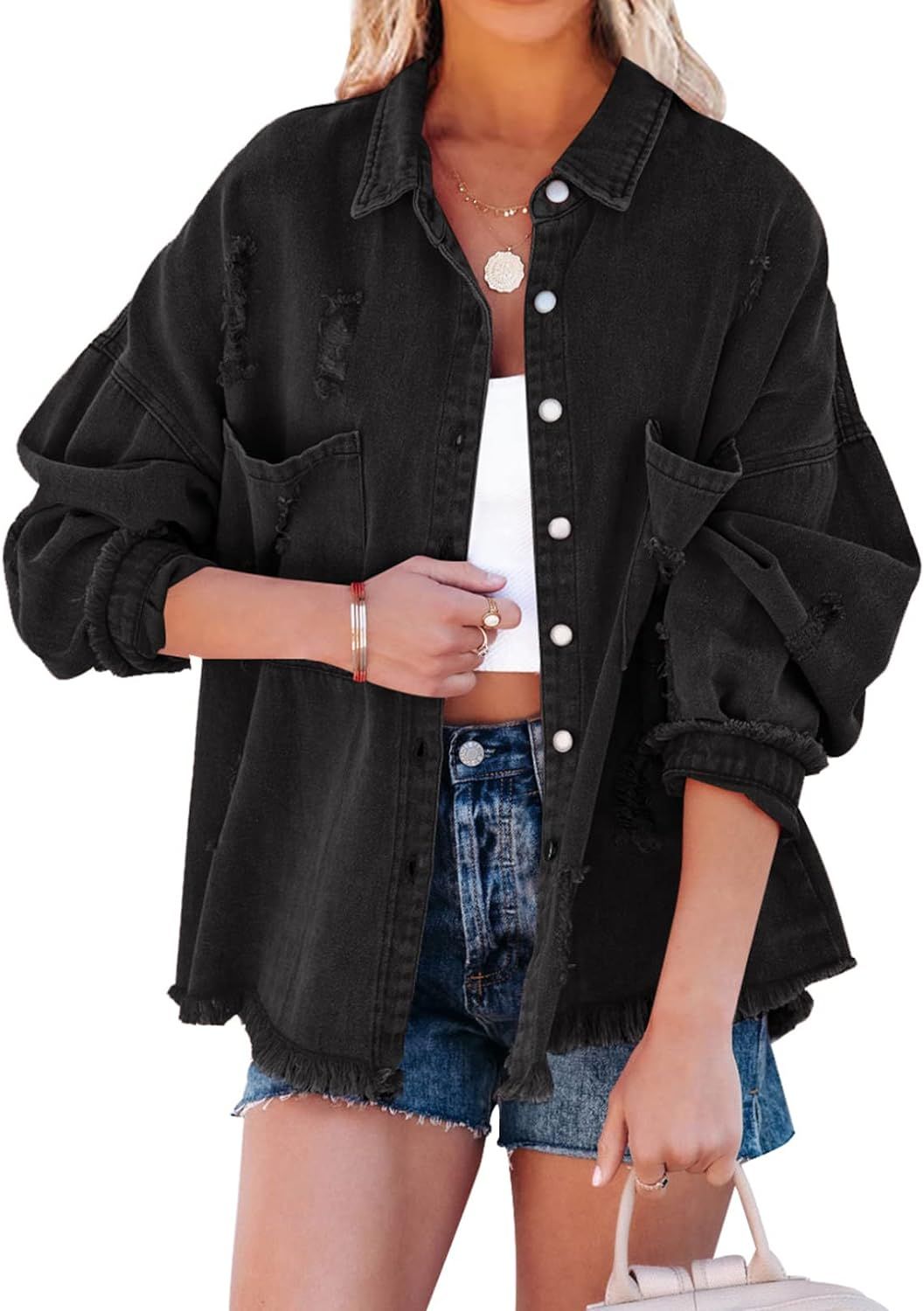 EVALESS Jean Jacket for Women Distressed Frayed Denim Jacket Ladies Ripped Stretchy Jacket With Pock | Amazon (US)