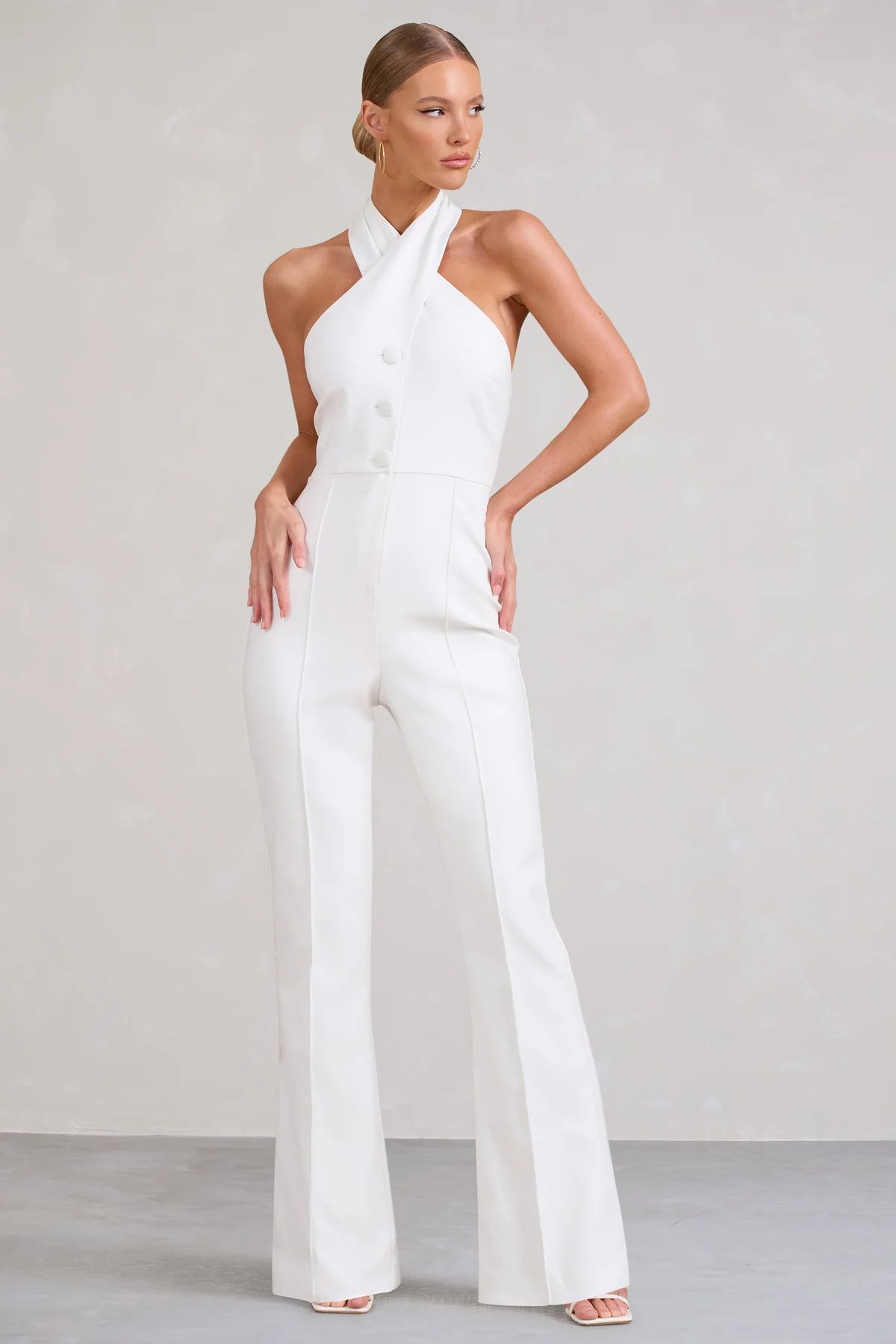 Don't Cross Me | White Halter Neck Tailored Buttoned Sleeveless Jumpsuit | Club L London