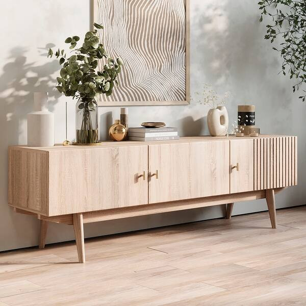 Living Skog Chelsea Brown TV Stand Fits for TV's up to 65 in. with Slatted Design and Wood Legs -... | Bed Bath & Beyond