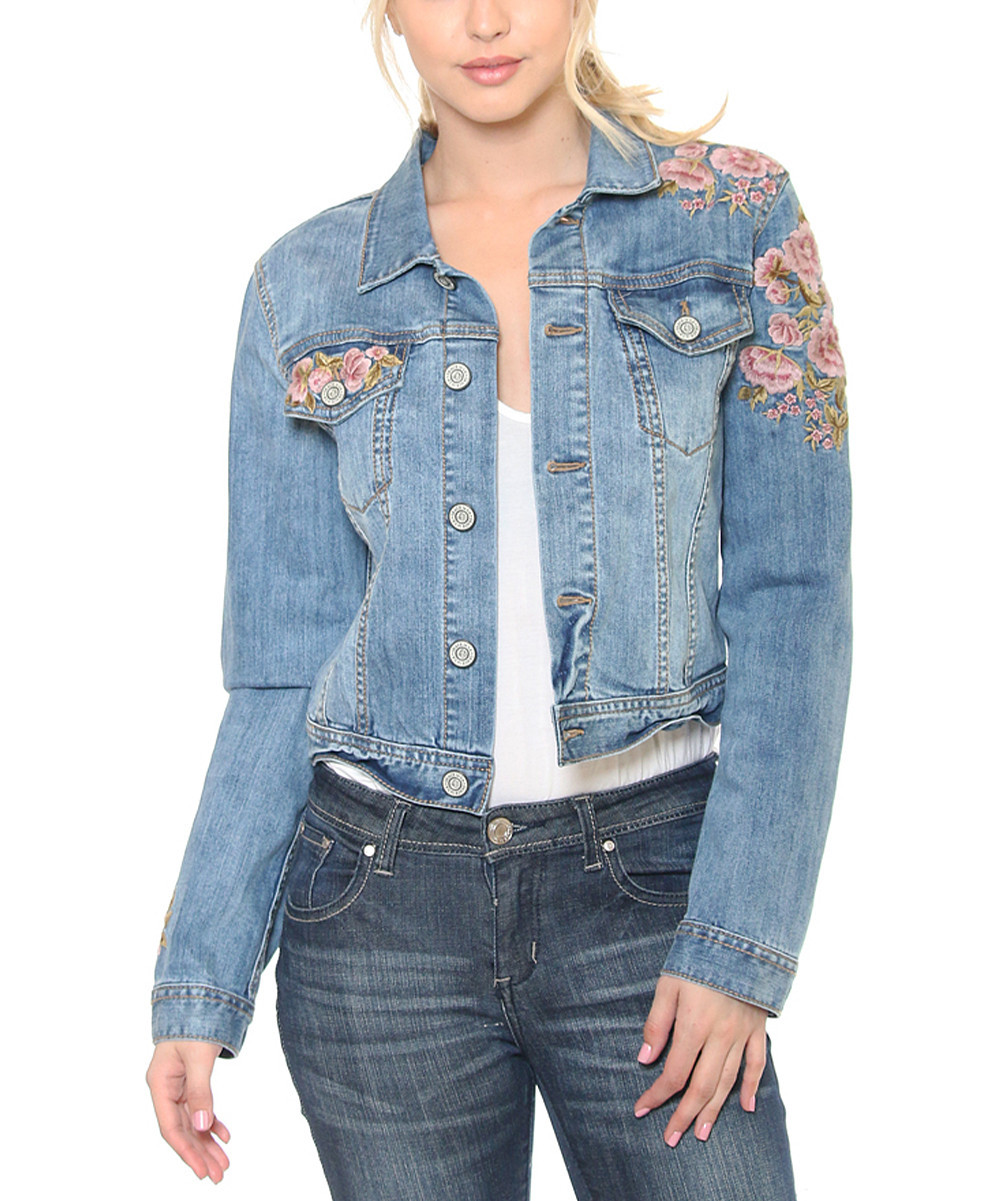 GRACE in LA Women's Denim Pants and Jeans blue - Light Wash & Pink Floral Embroidered Denim Jacket - | Zulily