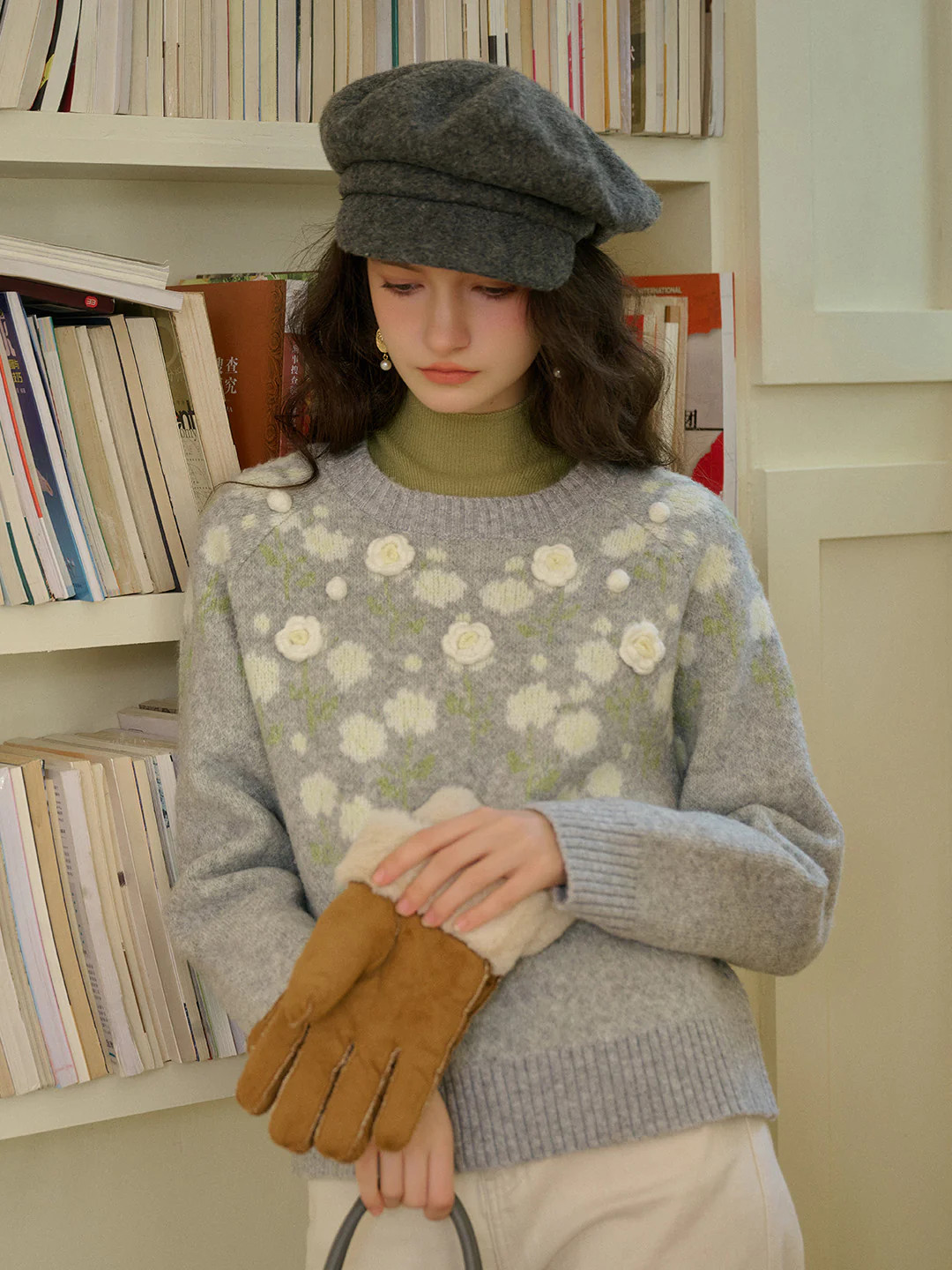 Brynleigh Ribbed Crew Neck Jacquard Rose & 3D Rose Sweater | SimpleRetro