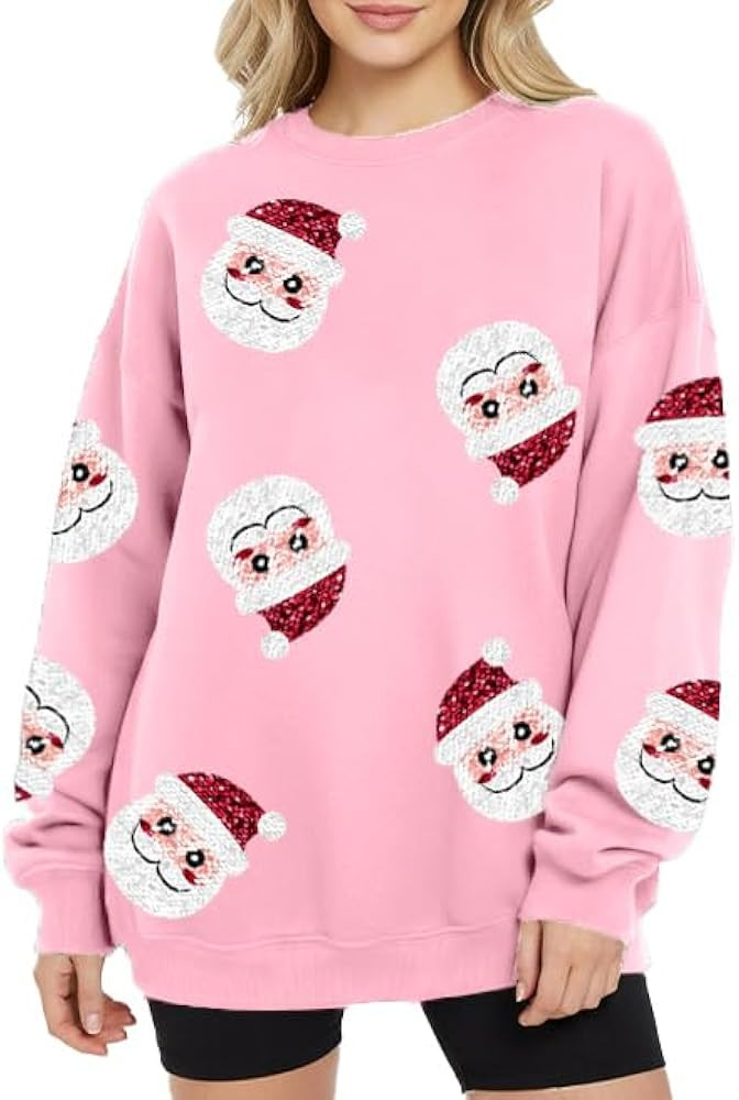 Christmas Sweatshirts for Women Oversized Sequin Santa Sweatshirt Christmas Graphic Tee Long Slee... | Amazon (US)