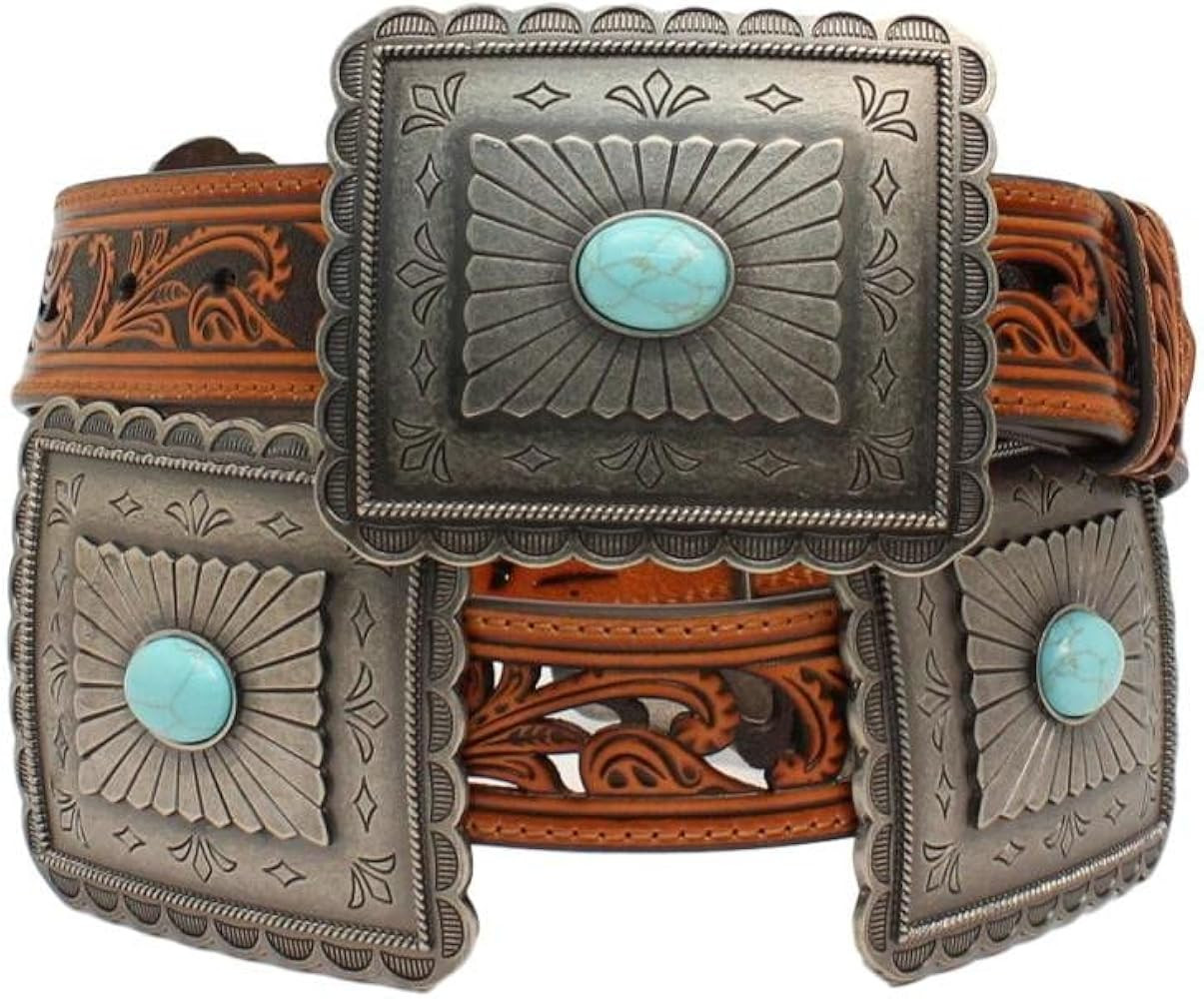 M&F Western Ariat Women's Turquoise Concho Belt, Tan, Pierced Strap with Large Rectangle Conchos | Amazon (US)