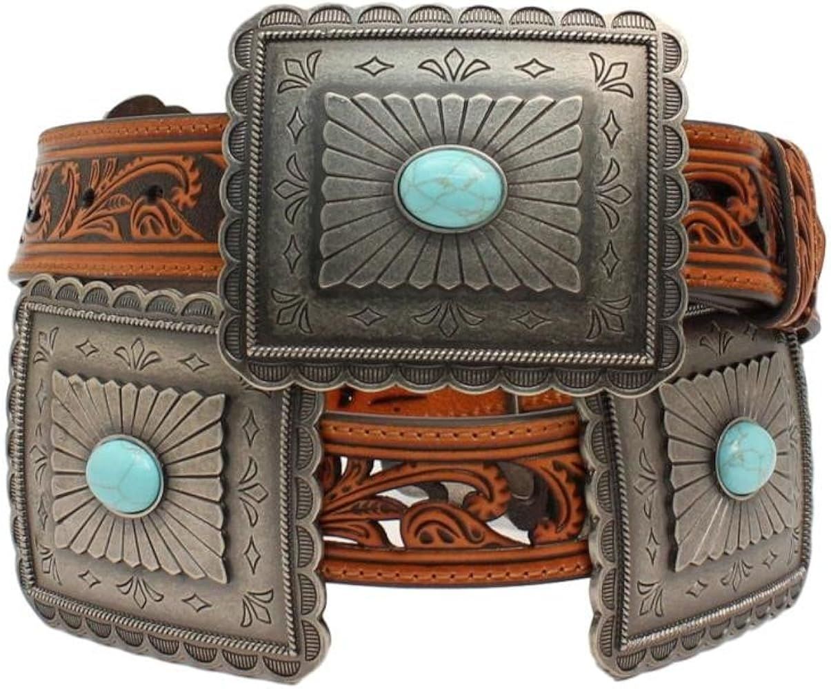 M&F Western Ariat Women's Turquoise Concho Belt, Tan, Pierced Strap with Large Rectangle Conchos | Amazon (US)