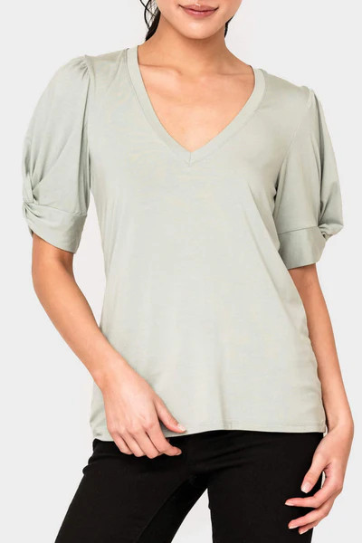 Rouched Elbow Sleeve V-Neck Tee | Gibson