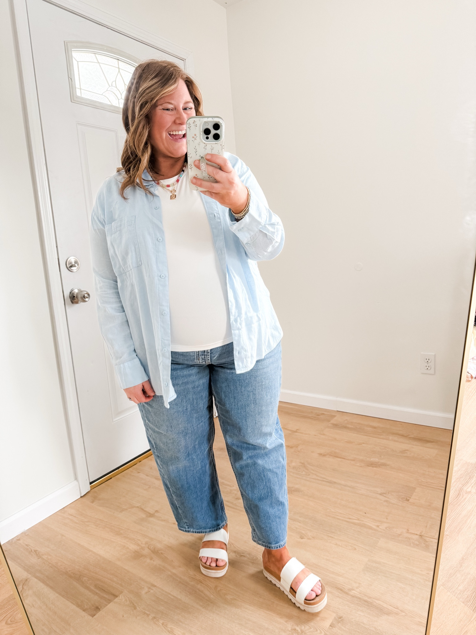 Wearing a large in my linen button down, XL in my white tee and a 14 maternity in my barrel jeans.  I also linked the non maternity versionn

#LTKSeasonal #LTKMidsize #LTKBump