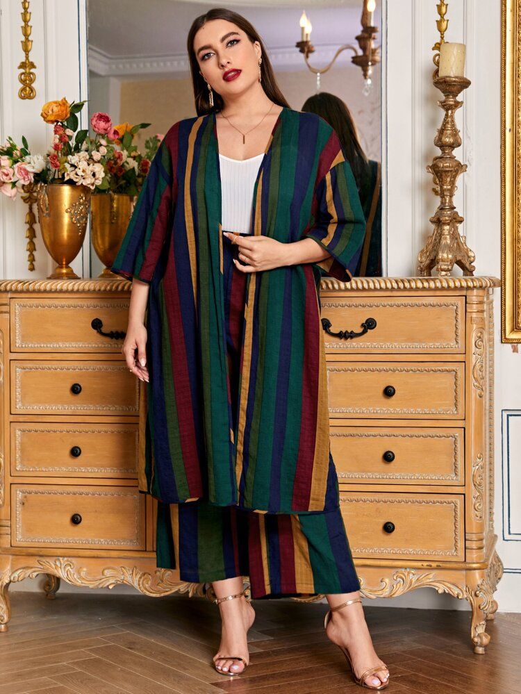 SHEIN Plus Drop Shoulder Colorblock Coat & Palazzo Pants Set | SHEIN