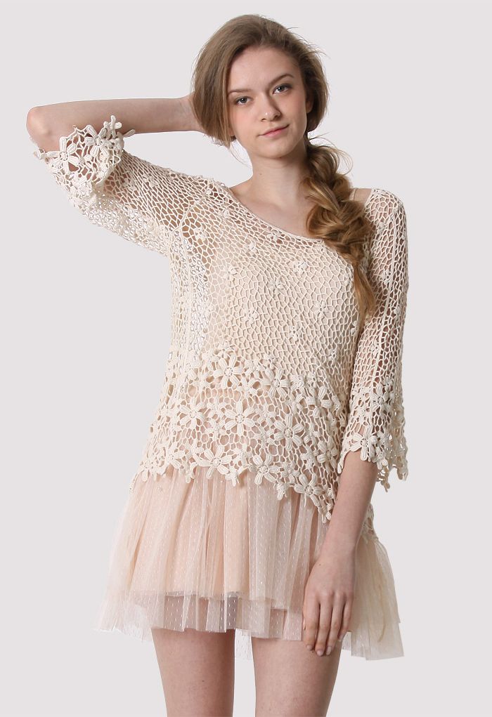 Crochet Mesh Mid-Sleeve Top | Chicwish