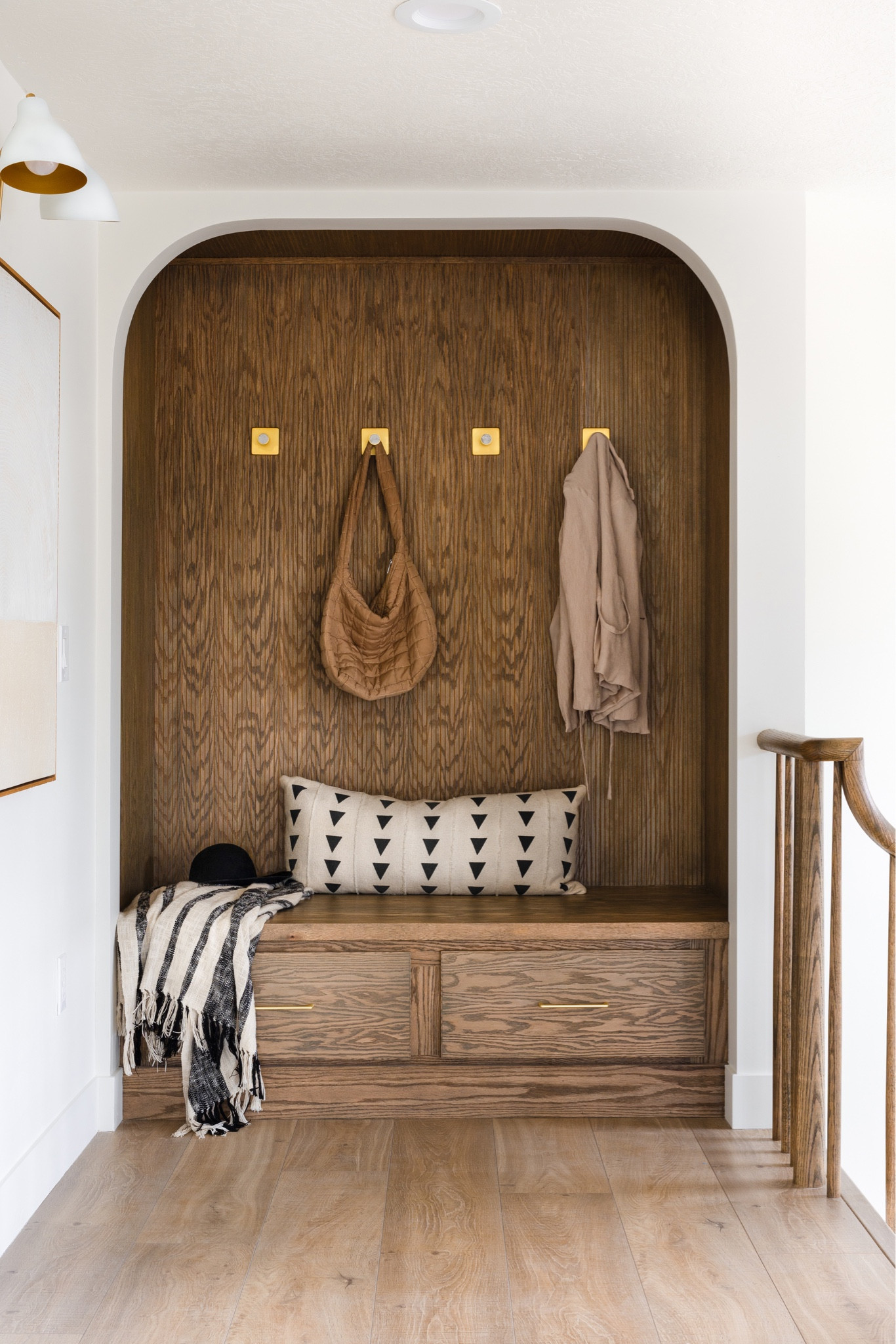 Hooks, light and bag I used on this built in drop off nook.