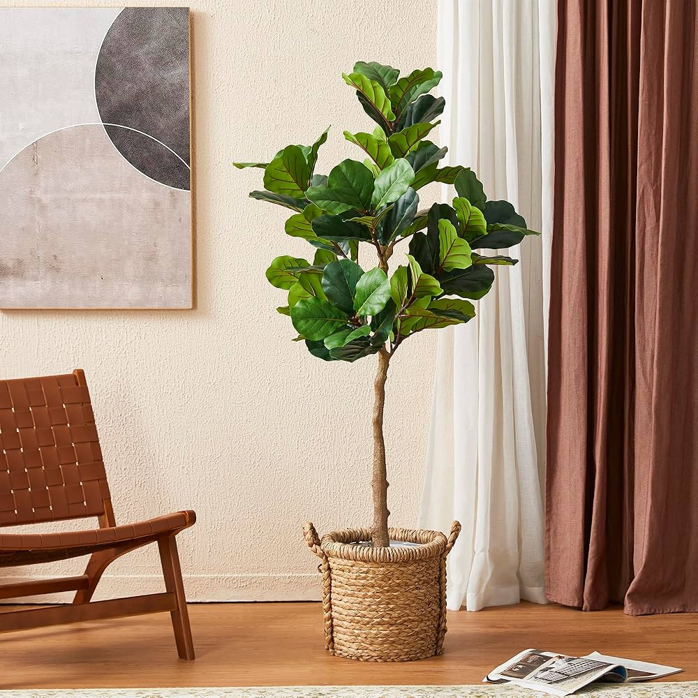 Glitzhome 5FT Faux Fiddle Leaf Fig Plant - 61'' Tall Decorative Fake Fig Silk Tree in Pot Artific... | Amazon (US)