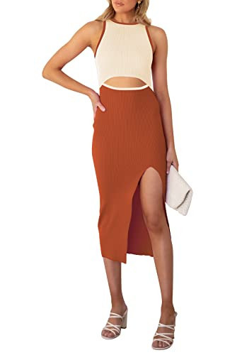 Womens Sleeveless Cutout Bodycon Midi Dress Slit Crew Neck Ribbed Party Cocktail Dress Colorblock Brown L | Amazon (US)