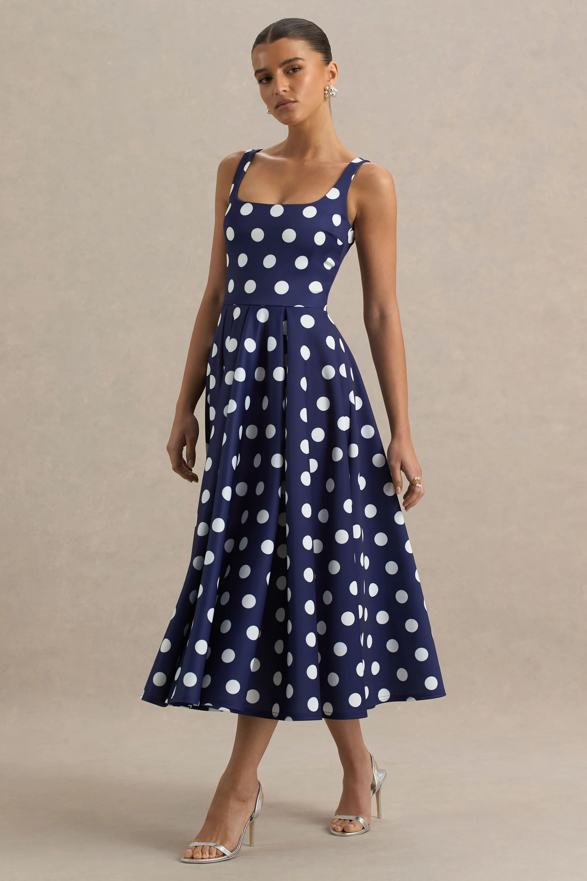 Berta | Navy And White Polka-Dot Square-Neck Midi Dress | Club L London