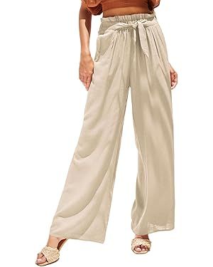 Dokotoo Casual Wide Leg Pants for Women Elastic High Waist Tie Solid Lounge Pants with Pockets | Amazon (US)