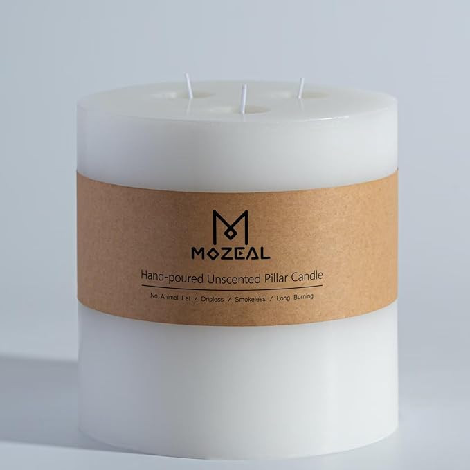 MOZEAL Extra Large 3 Wick White Pillar Candle, 6" x 6", Unscented, Dripless, Smokeless, and Clean... | Amazon (US)