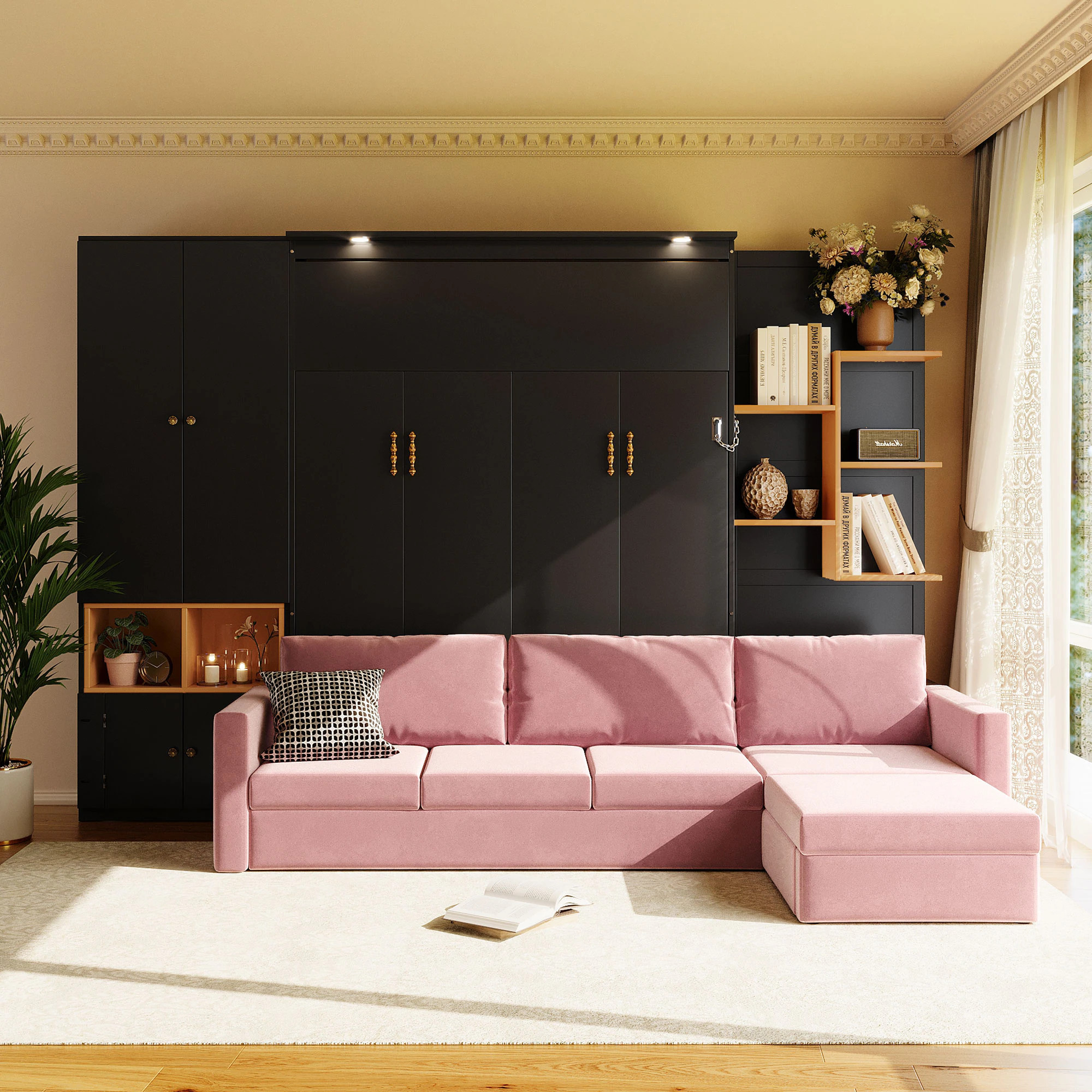 GDFStudio Queen Murphy Bed with Built-In Sofa Storage Shelves and Dual Lights - Black one_size | 374991 | Lowe's
