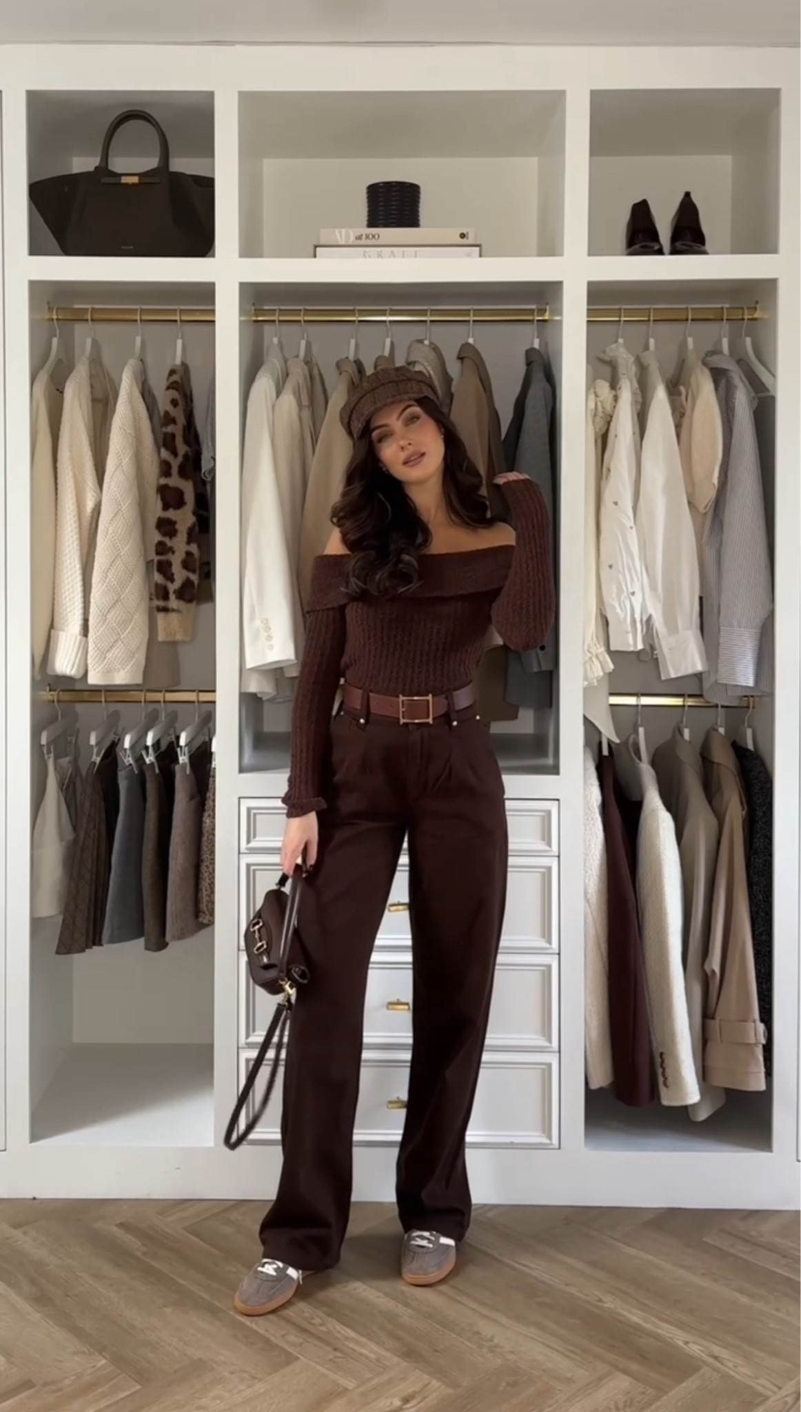 Autumn Favourites 5 - casual chocolate look, styling this House of CB off the shoulder jumper, paired with Holland Cooper brown jeans and chocolate accessories. Cute little baker hat from Mango 🤎

#LTKstyletip #LTKautumn