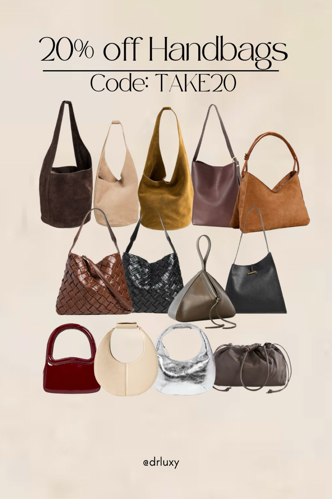 Handbags on sale 20% off with code TAKE20 

fall handbags 
Brown handbag 
Silver handbag 
Red handbag 
Reformation 
Staud 
Madewell 
Hobo handbag 
Shopbop 



#LTKSaleAlert #LTKStyleTip #LTKItBag