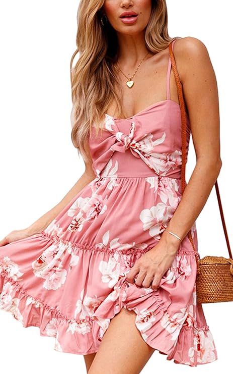 ECOWISH Womens Dresses Floral Spaghetti Strap Tie Knot Front Flowy Pleated Mini Swing Dress | Amazon (US)