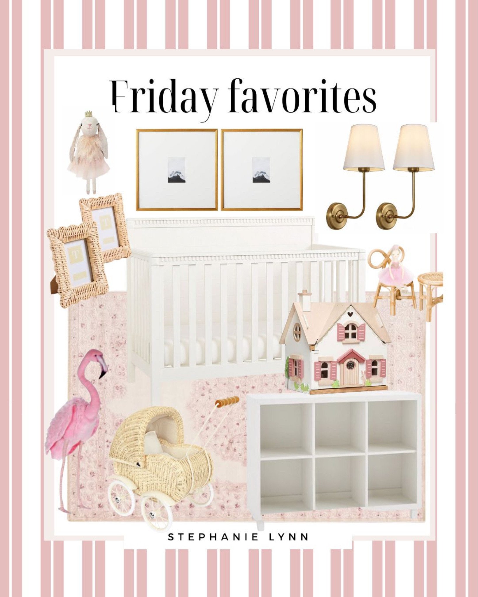 This Friday Favorites is really all my nursery favorites! This crib is very similar to mine from RH, this rug is such a great baby girls nursery rug, it’s so soft and looks very expensive although it’s very affordable. These Amazon sconces are the perfect visual comfort dupes. Target picture frames, sweet dolls that double as decor, Emma’s favorite baby carriage, our pottery barn cubby system, a flamingo that’s on my wish list,  and the sweetest wooden bunny doll house by one of my favorite brands tender leaf! A true mix of high low and I love how everything works and looks together! If you are working on a baby girls nursery, I hope this will be helpful, some of these also make really great baby shower gifts! 

#LTKhome #LTKbump #LTKbaby