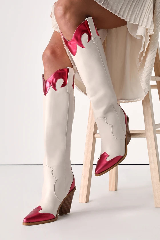 Sayuri Ivory Raspberry Metallic Western Knee-High Boots | Lulus (US)