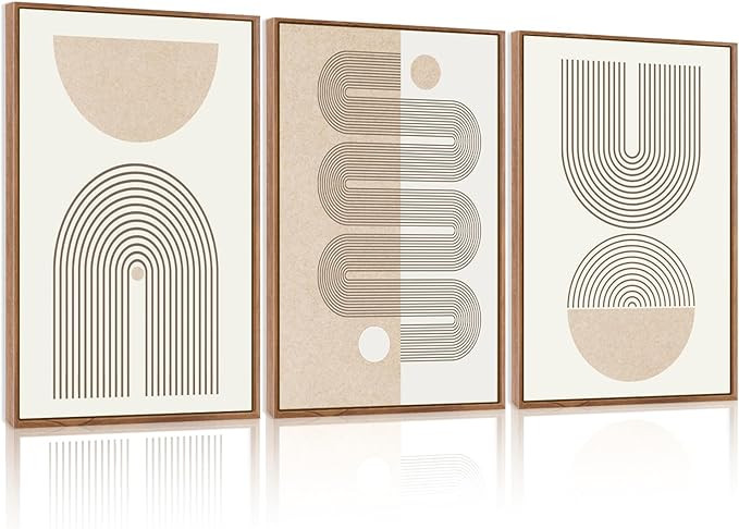 CHDITB Framed Boho Wall Art Set of 3, 24"x36" Beige Mid Century Modern Wall Decor, Abstract Geome... | Amazon (US)